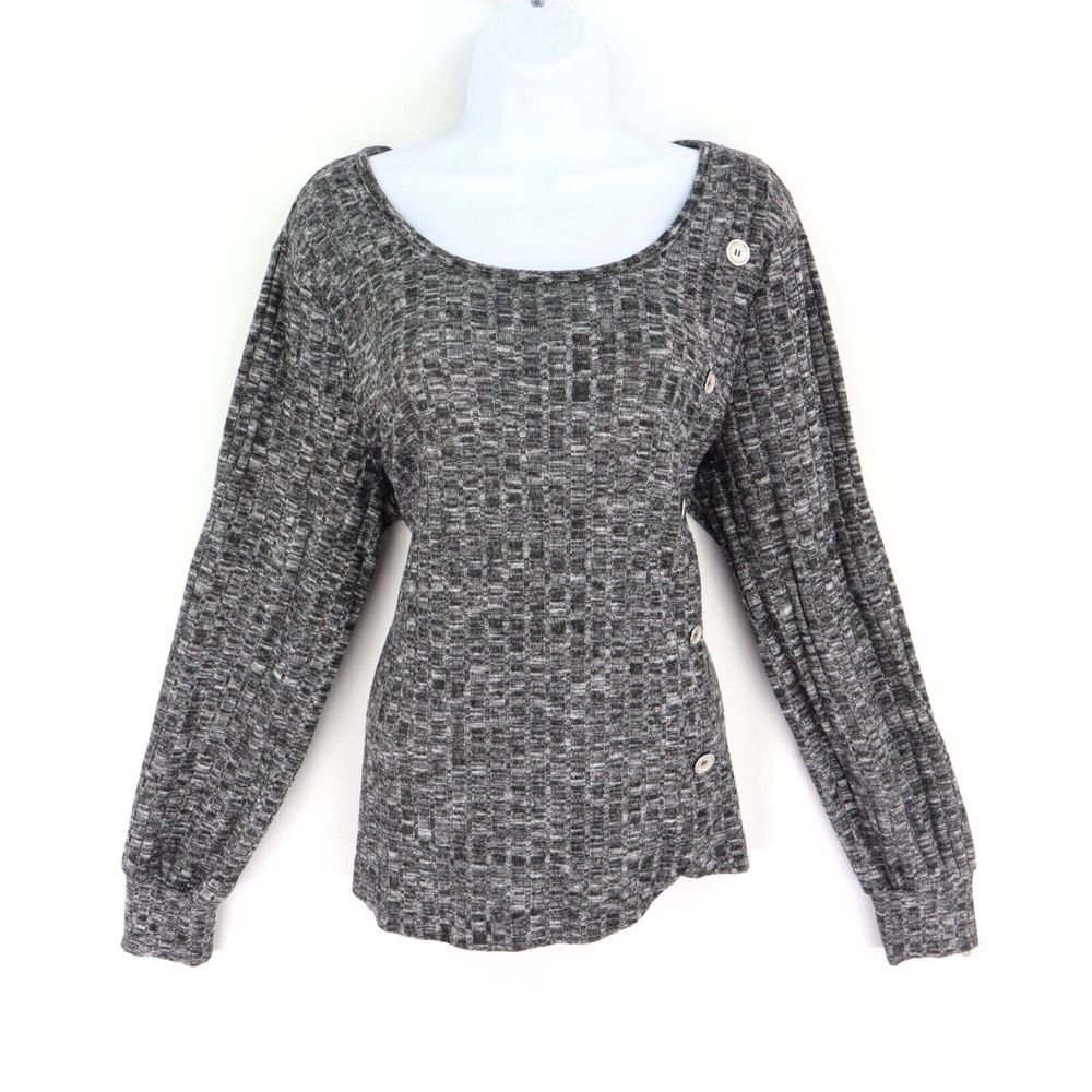 Adrienne Vittadini Sweater Pullover Womens Size XL Gray Heathered Button Accents